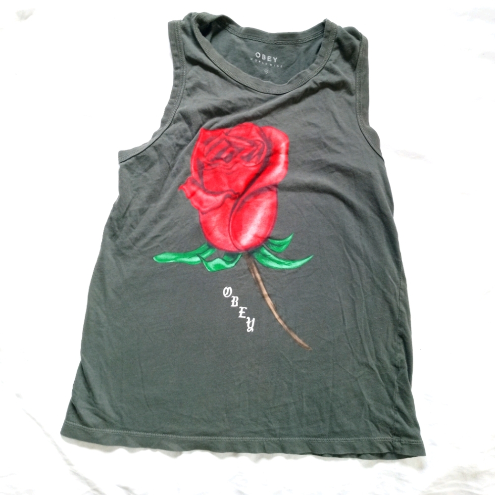 OBEY Worldwide Dark Grey Red Rose Muscle Tank Top Size XS